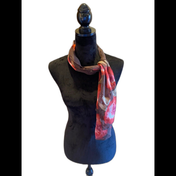 Scarf Silk like  Brown with Dark Orange Flowers Perfect for Spring Versatile - Picture 1 of 7
